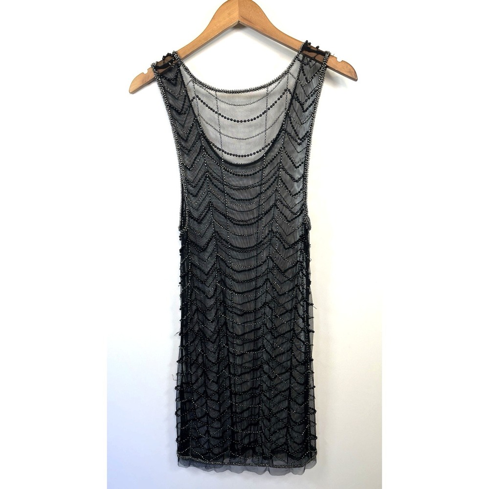 Womens Beaded Sheer Overlay Beaded Mini Dress Size XS Black Bohemian Festival - Picture 7 of 13